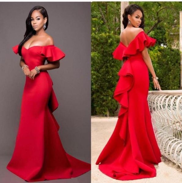 

gorgeous red mermaid long prom bridesmaids dresses off the shoulder ruffles backless maid of honor floor length satin evening part4769299, Black