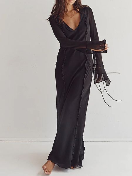 

basic casual dresses fashion women long sleeve dress v neck see through mesh party for beach cocktail club streetwear 230823, Black;gray