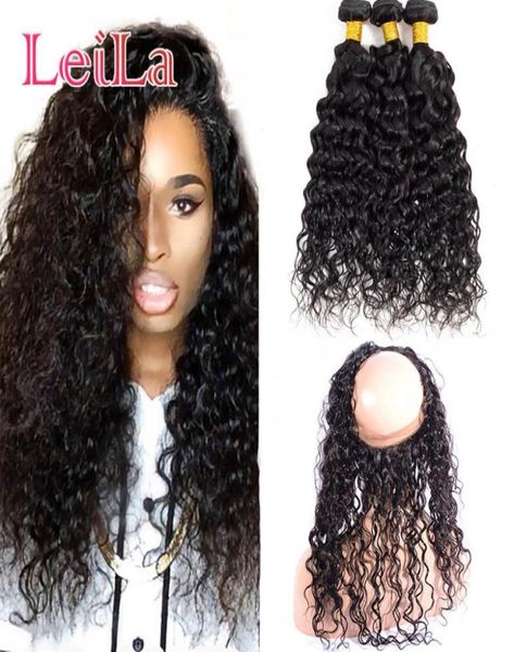 

brazilian human hair water wave 3 bundles with 360 lace frontal 4pieceslot wet and wavy pre plucked lace frontal with bundle hair5169528, Black;brown