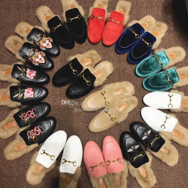 

brand new men princetown slippers leather big size mens with soft fur suede velvet winter slipper loafers mules flat eur38-46 with keplew, Black