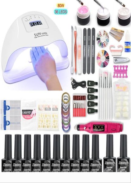 

80w 48w 36w led uv nail lamp manicure set 10 color gel nail polish varnish set acrylic kit uv extension gel kit with drill1154212