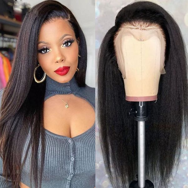 

Peruvian Hair Kinky Straight Lace Frontal Wig Wear Yaki Straight Simulation Human Hair Wigs Pre Plucked 13X4 HD Lace Closure Wig, Black