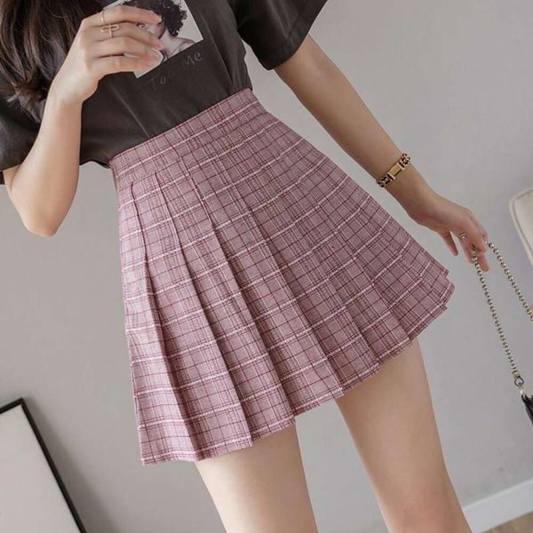 

plaid pleated skirt short womens summer high waist korean version of the spring and autumn embroidered a, Black