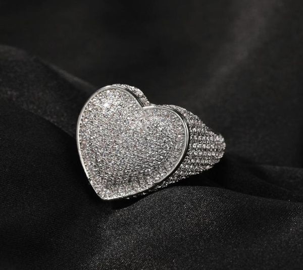 

hip hop rapper rings men fashion big heart ring male hiphop silver gold bling 3a cubic zircon men039s finger ring ice out jewel8965119, Golden;silver