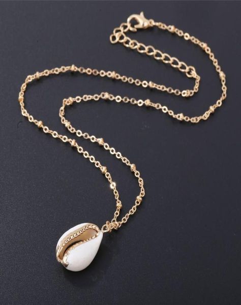 

fashion natural shellwrapped gold necklace for women natural cowrie shell pendant with double bails gold trim chain necklace1029485, Silver