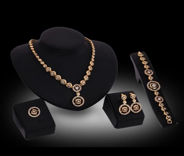 

ring necklace bracelet earrings jewelry set exquisite luxury rhinestone 18k gold plated circles wedding jewelry 4piece set wholes5329749, Slivery;golden