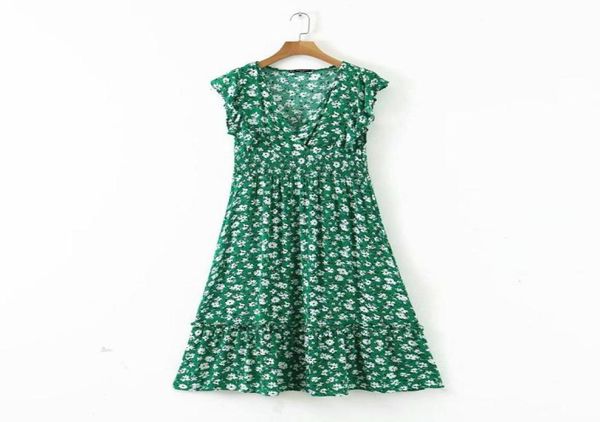 

women v neck flower print ruffles green midi dress elegant shrink fold design vestidos chic brand party dresses8602986, Black;gray