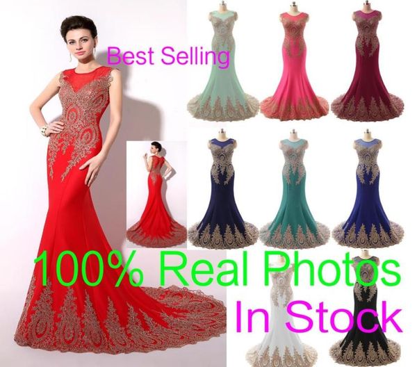 

in stock sheer neck formal evening prom dresses lace appliques mermaid red black blue mint pageant mother gowns 2019 real image ar5633323