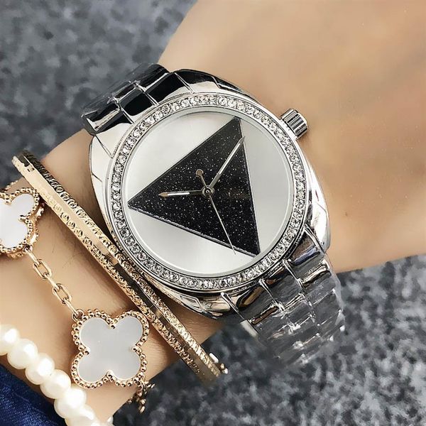 

fashion brand women's girl crystal triangle style dial metal steel band quartz wrist watch gs 21230k, Slivery;brown