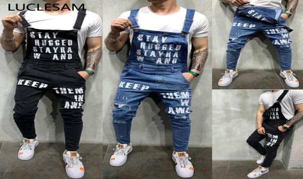 

men039s jeans mens ripped jumpsuits streetwear distressed bib overalls for men fashion letter biker pants black straight trouse8976024, Blue