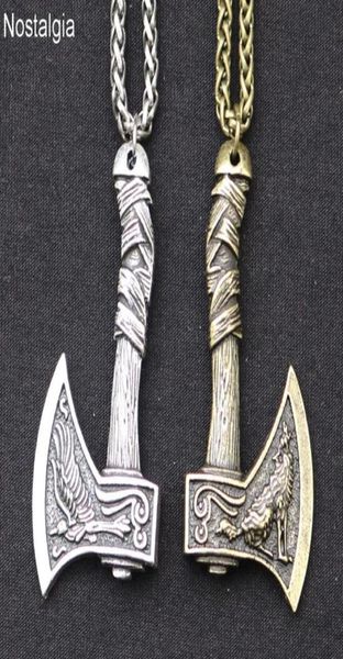 

odin norse viking wolf and raven axe amulet witchcraft pendant necklace wicca pagan slavic perun axe jewelery drop 20207775485, Silver