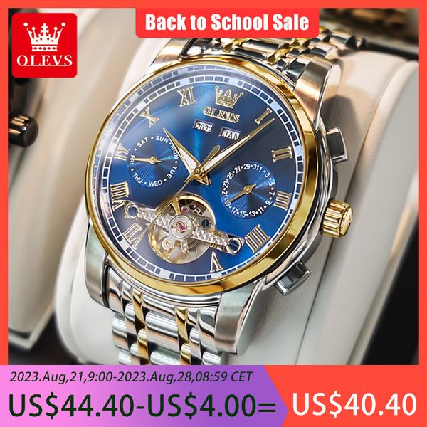 

wristwatches olevs automatic mechanical watch for men week calendar skeleton hollow wristwatch stainless steel classic business men's w, Slivery;brown