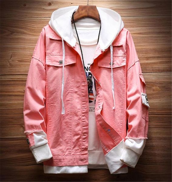 

men autumn hooded denim jackets pink jean coats good quality men cotton holes denim coats fashion jean jackets chaqueta hombre3337641, Black;brown