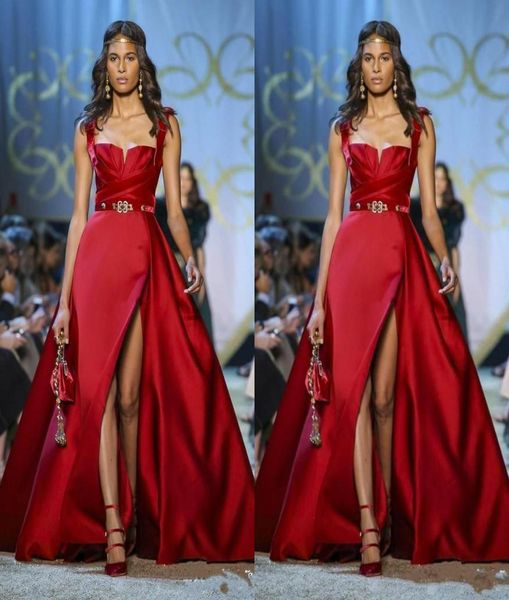 

elegant red prom dresses spaghetti straps a line satin thigh high slits evening gowns with belt floor length special occasion2823205, Black