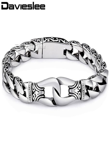 

davieslee mens bracelet chain 316l stainless steel punk bracelets for men curved silver color curb chains cuban link 15mm lhb10 j19528662, Golden;silver