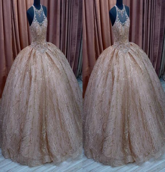 

sparkly designer rose gold sequined 2022 prom quinceanera dresses ball gown sheer neck jewel crystal bead long evening formal page4727142, Black