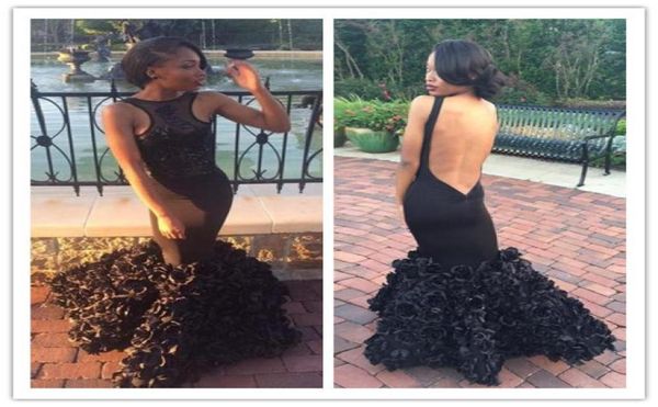 

2017 african black mermaid prom dresses handmade flowers train backless evening celebrity gowns custom made sleeveless8961251