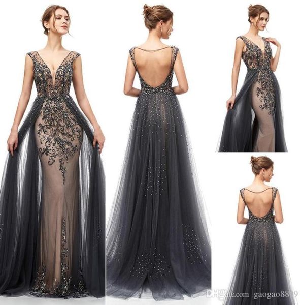 

2019 luxury beaded crystal mermaid evening dresses yousef aljasmi detachable skirts 3d lace arabic prom formal gowns prom dre5754252, Black;red