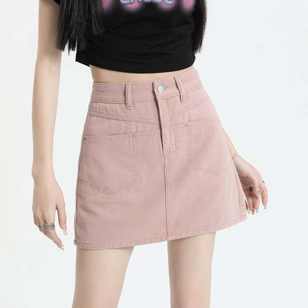 

summer dirty pink denim skirt for women high waist slimming anti revealing, Black