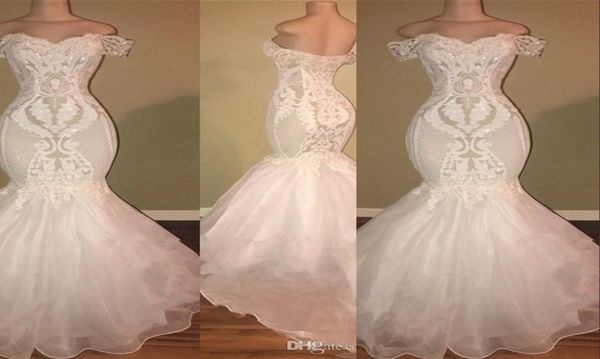 

new arrival simple mermaid wedding dresses african off shoulder lace appliques beaded backless plus size sweep train formal bridal8962565, White