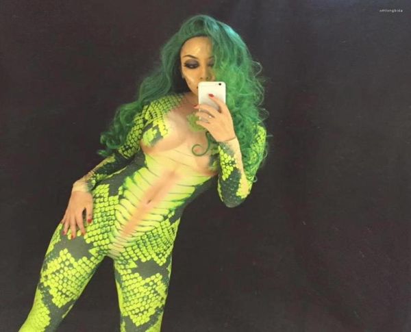 

stage wear women halloween 3d printed green snake for costume dj singers jumpsuit bling bodysuit celebrate performance clothing7639437, Black;red