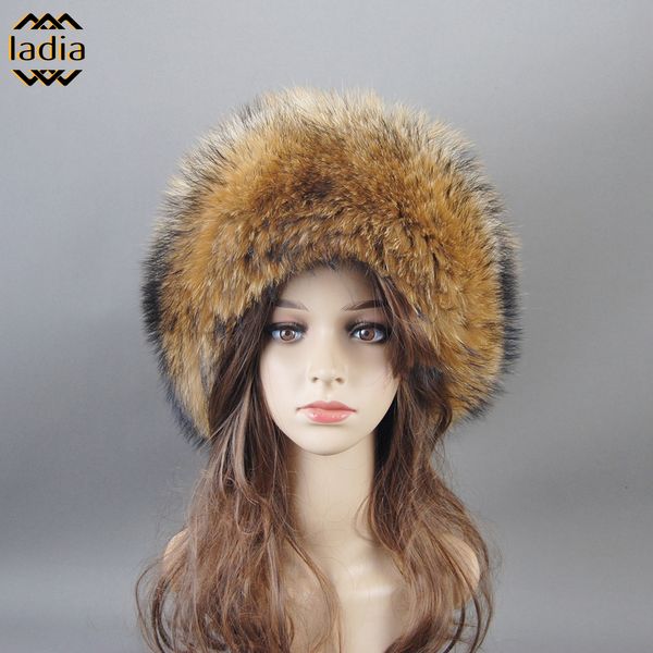 

beanie/skull caps winter women natural real raccoon fur hat luxury with tail beanies warm ear protect russia hat bonnets pompom caps 230822, Blue;gray