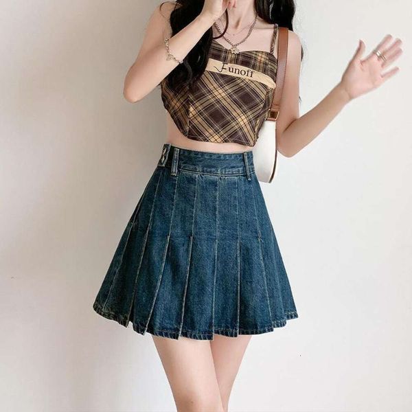 

summer style high waist irregular pleated skirt slim short a line denim, Black