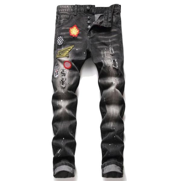 

men slim fit ripped jeans badge hole destroyed skinny straight leg washed mens frayed motocycle denim pants hip hop stretch biker 8424206, Blue