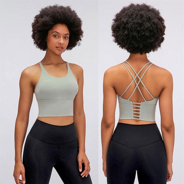 

l9095 cross thin straps yoga bra tank classic sports bra women fitness vest small sling brassiere with removable cups un240p