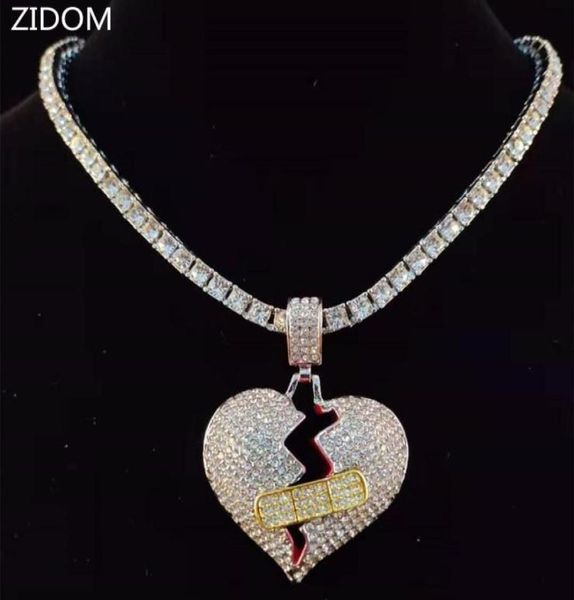 

men hiphop broke heart pendant necklace with 5mm tennis chain iced out bling jewelry male fashion gifts necklaces2443372, Silver