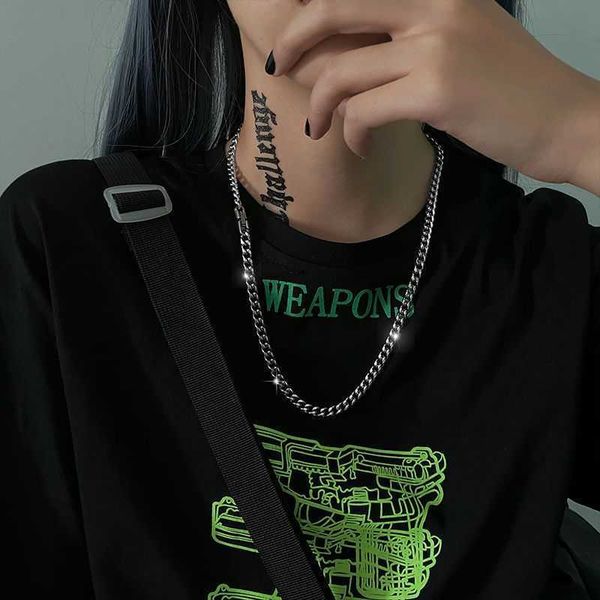

designer cuban chain titanium steel non fade nk men and women hip hop thick flat chain trendy cool exaggerated chain necklace, Silver