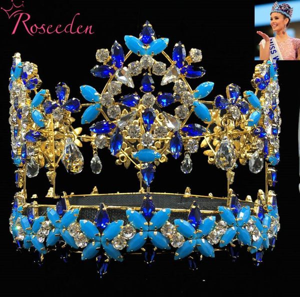 

baroque full round miss world crown tiara with blue crystal rhinestones princess queen tiara re3021 c190222013099242, Slivery;golden