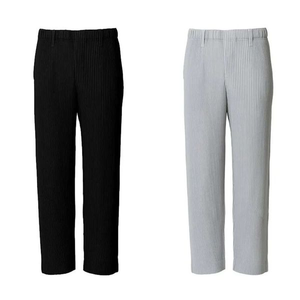 

men's pants high-quality men women pleated homme plisse sweatpants joggers drawstring straight fashion casual summer ice silk trousers, Black