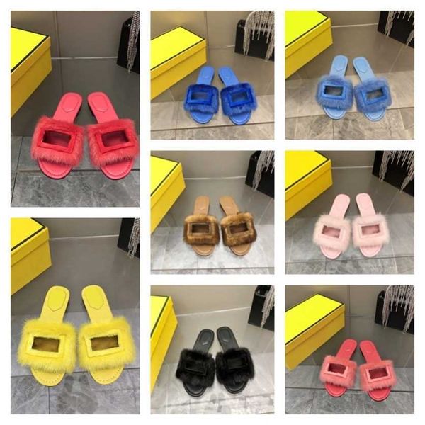 

2023 designer mink fur slippers f baguette sandals real leather flat slides women plush furry scuffs leather fleece lining logo sandals home, Black