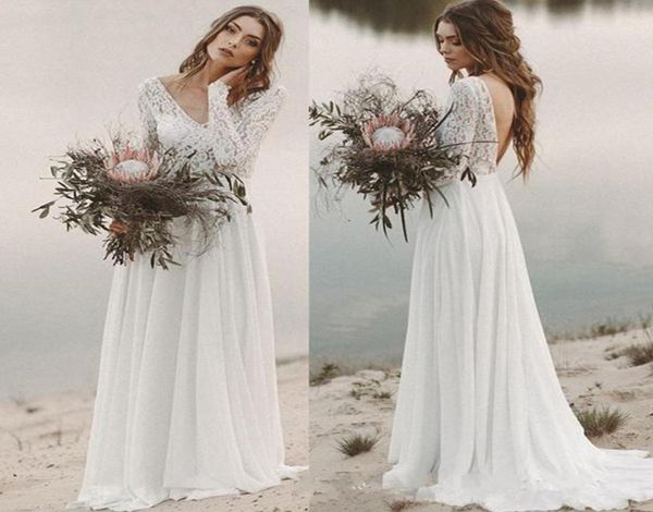 

beach country wedding dresses 2020 aline chiffon lace vneck with long sleeves backless draped bridal gown with illusion bodi9464058, White