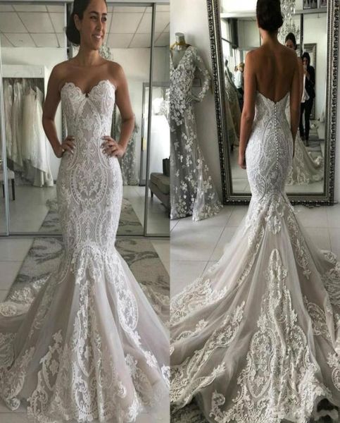 

2020 new fashion mermaid wedding dresses sweetheart lace appliques sleeveless sweep train open back plus size formal bridal g2385821, White