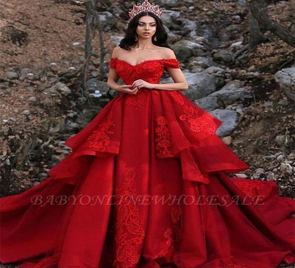

red layers tiered lace applique a line plus size wedding dresses off the shoulder arabic dubai chapel train bridal wedding quincea7092682, White