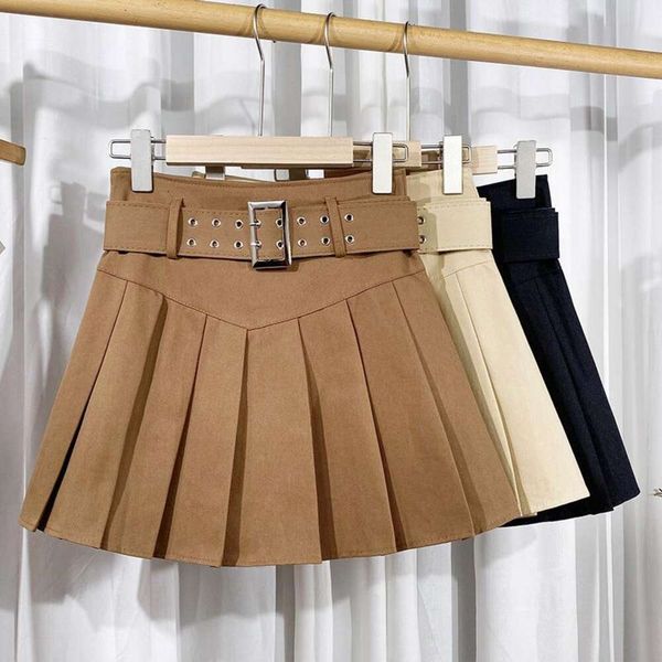 

temperament design ins female pleated skirt summer style sweet and spicy high waist short with belt, Black