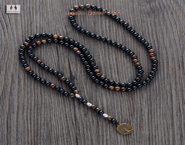 

men necklace quality 6mm black agate wood beads with tree pendant mens rosary necklace wooden beads mens jewelry6722322, Silver