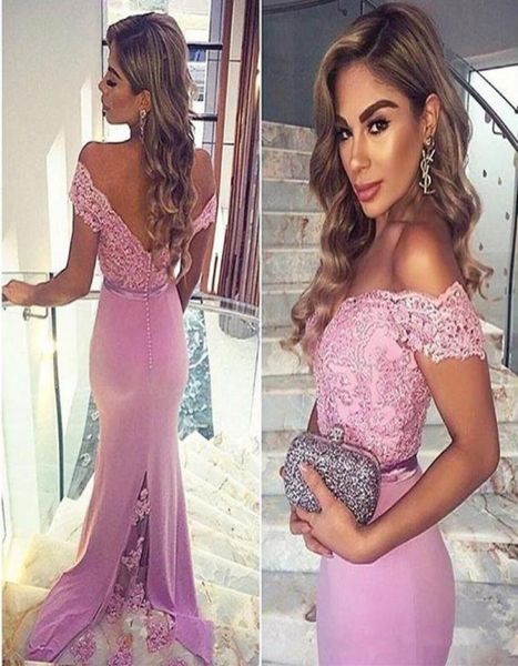 

fashion long sweep mermiad bridesmaid dresses 2018 lace applique off shoulder buttons back maid of honor dress2825470, White;pink