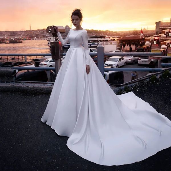 

muslim vintage wedding dress 2024 simple long sleeves backless princess satin bridal gown vestidos mairee, White