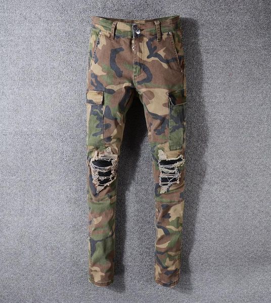 

men slim stretch camouflage jeans army green printed casual pants mens camo pants personality size 28405343000, Blue