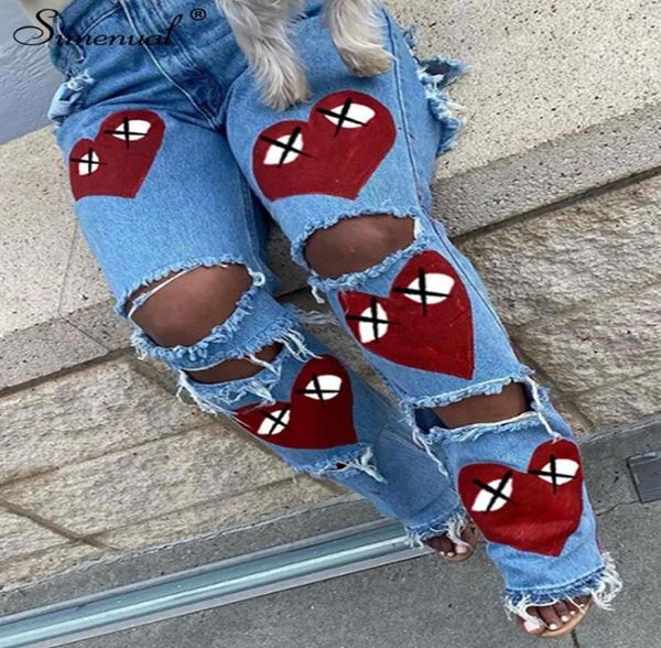 

women039s jeans simenual heart print denim cut out distressed for women baddie clothes streetwear high waist baggy pants in blu6890523, Blue