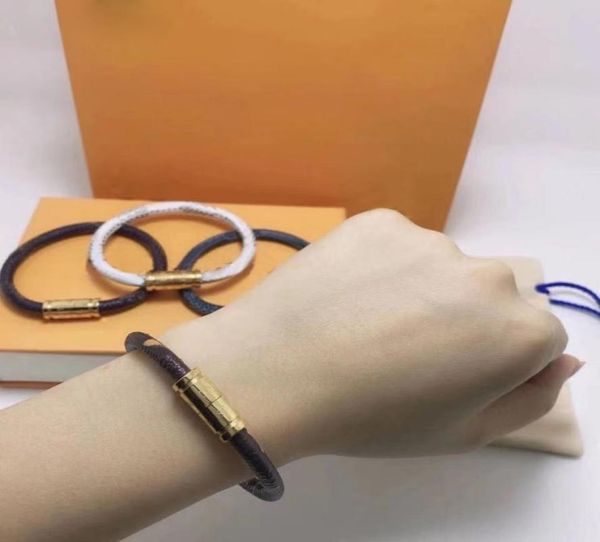 

designer bracelets classic plaid leather rope women and men metal lock head gold magnetic buckle bracelet fashion simple couples l3823776, Golden;silver