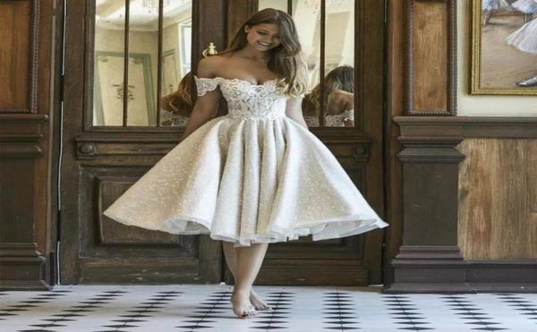 

short glitter wedding dress elegant lace appliqued shiny bridel gowns off the shoulder kneelength princess party beach gowns bes14674485, White