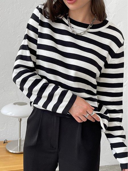 

womens sweaters striped pullovers women autumn winter knitted female vintage long sleeve o neck pullover lady casual loose thin jumper 23082, White;black