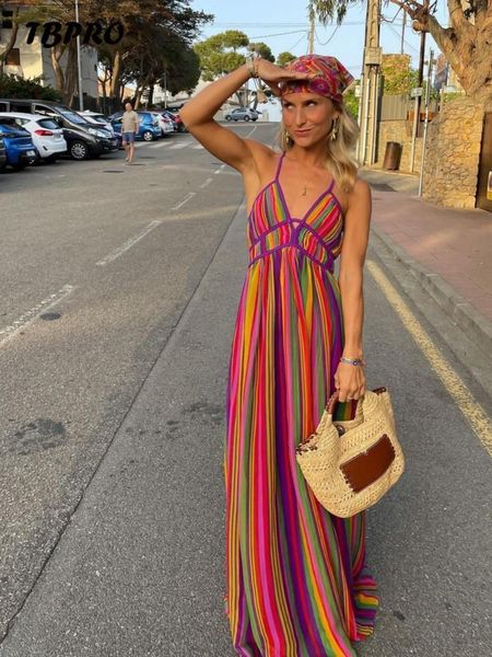 

basic casual dresses rainbow stripe pacthwork halter maxi dres v neck sleeveless floor length bohe vintage beach holiday robe 230822, Black;gray