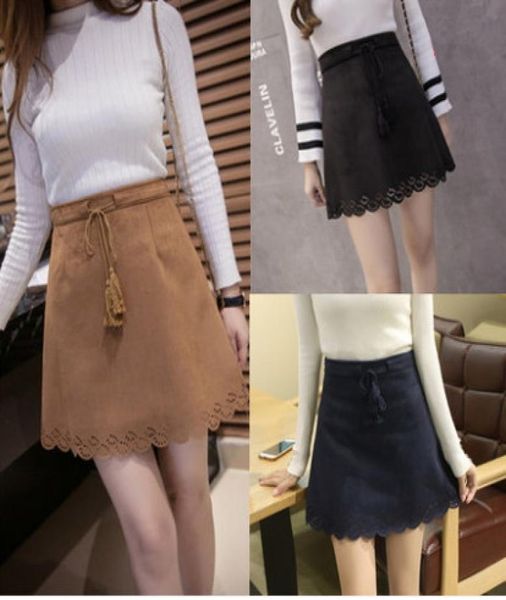 

new women039s autumn fashion lacing high waist aline hollow out floral suede leather short skirt plus size smlxlxxl3xl9566236, Black