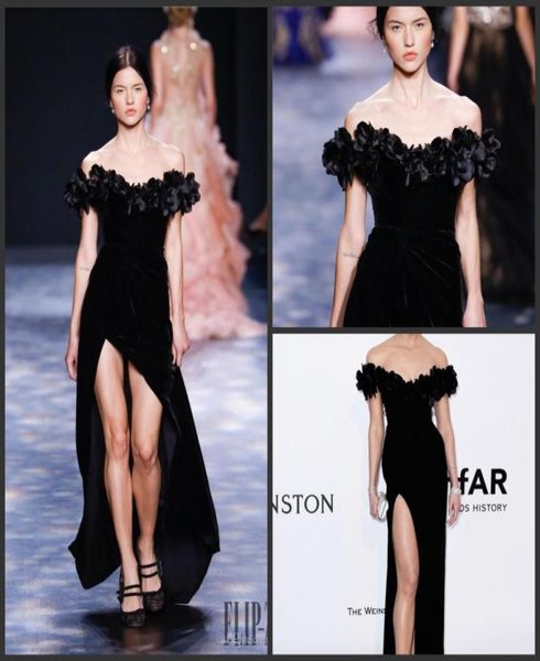 

2020 new black marchesa split dresses evening wear sheath off shoulder party evening gowns velvet floor length celebrity dress 2728369561, Black;red