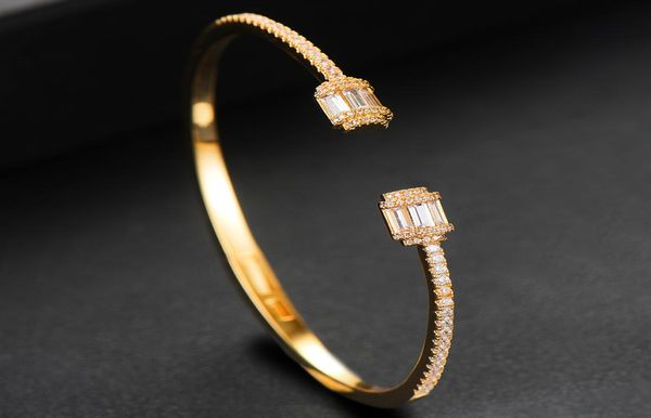 

cr156 luxury stackable cuff bangle bracelet for women wedding bagutte cut cubic zircon crystal cz dubai party jewelry4428145, Golden;silver